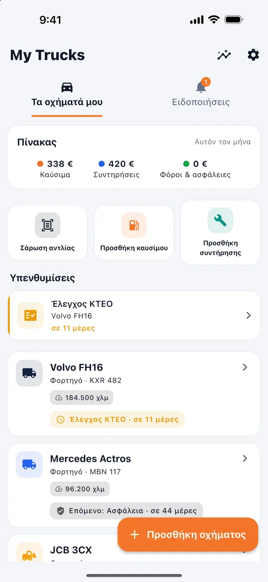Αρχική οθόνη με τα οχήματα και τι λήγει