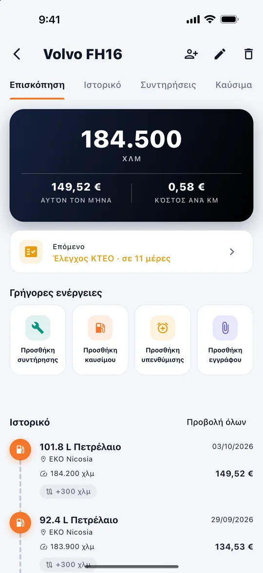 Οθόνη οχήματος με έξοδα μήνα και κόστος ανά km