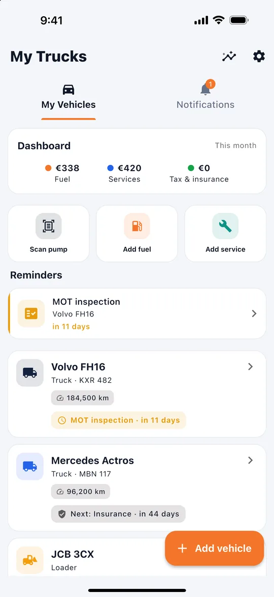 Home screen with vehicles and their next due item